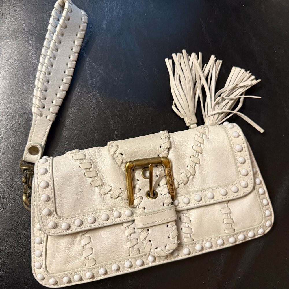 Isabella Fiore Cream Leather Clutch/wristlet with Tassel, Buckle, and studs